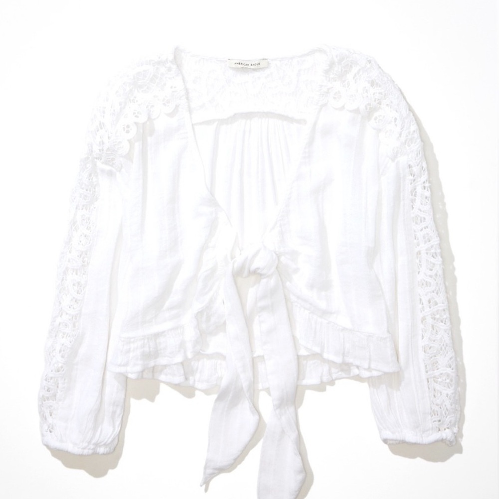 NWT American Eagle AE White V-Neck Lace Tie Front Blouse Boho Feminine Top Sz S